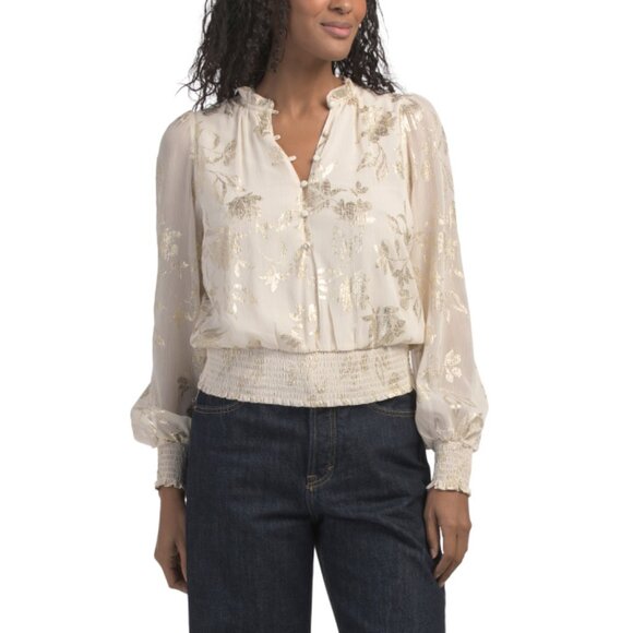 HAVER + BLAIR Ivory/gold Yoryu Gold Tone Foil Blouse - Picture 1 of 2